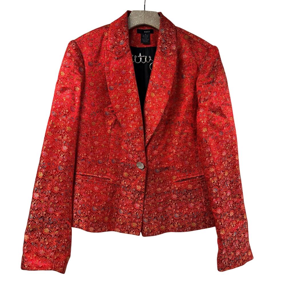 WDNY Red Brocade Blazer Vintage Single Button Rhinestones 8 Floral Metallic